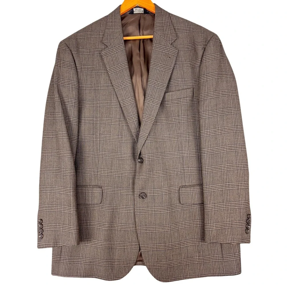 Jos A Bank Signature Blazer Mens‎ 44L Brown Plaid 100% Wool Sport Coat Jacket